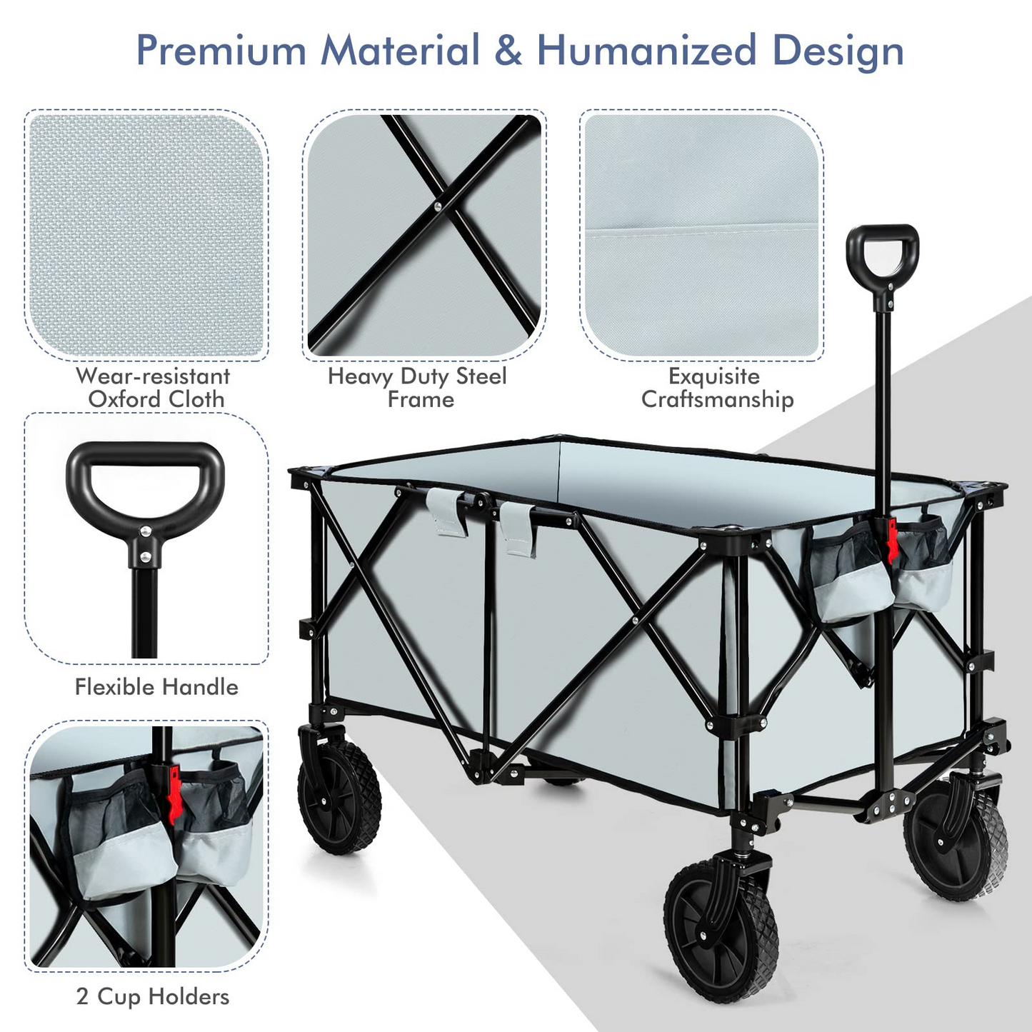 Collapsible Wagon, Folding Utility Wagon Cart w/Universal Wheels & Adjustable Handle & Cover Bag