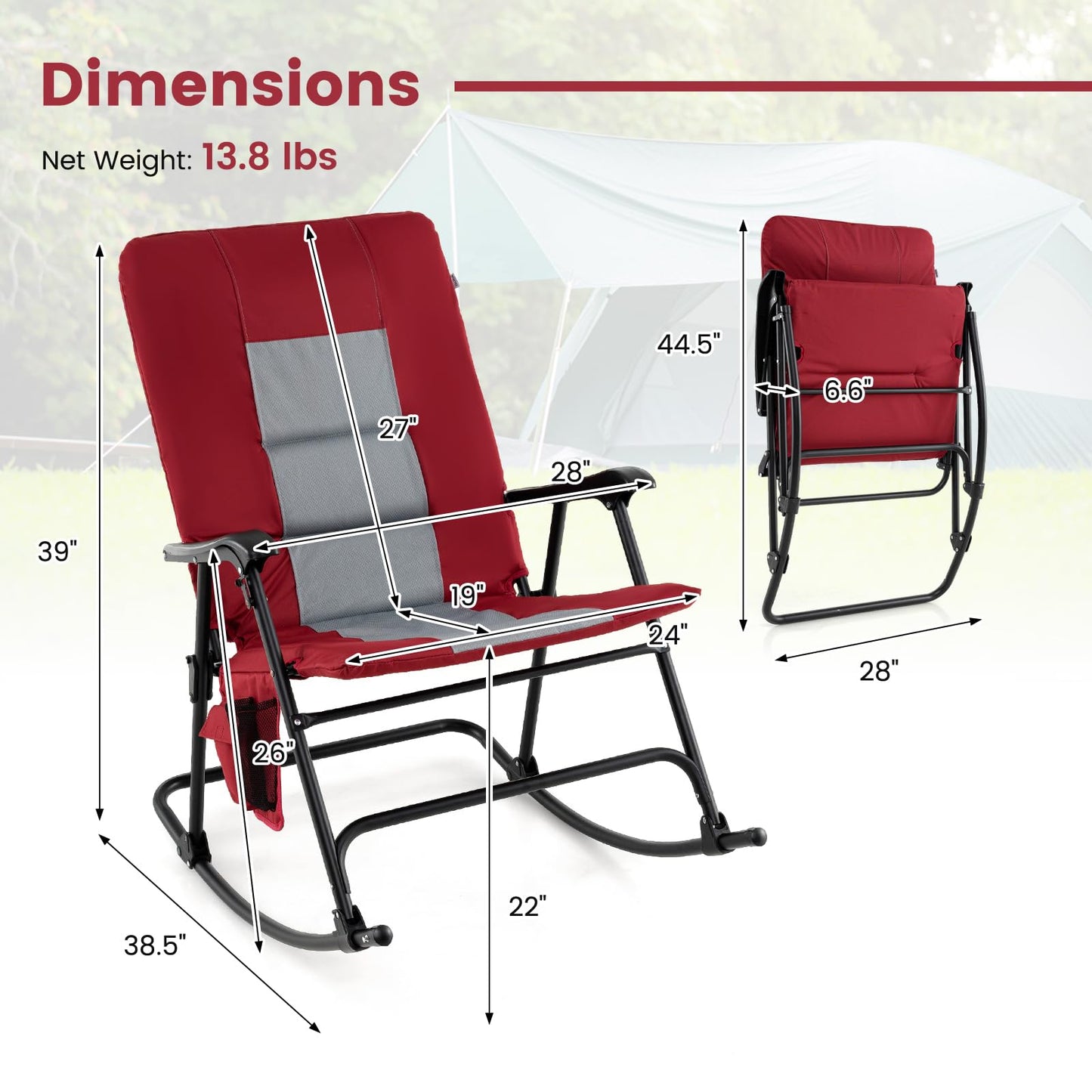 Oversized Folding Rocking Chair, Padded Patio Lounge Rocker w/Metal Frame, Armrests, Side Pocket