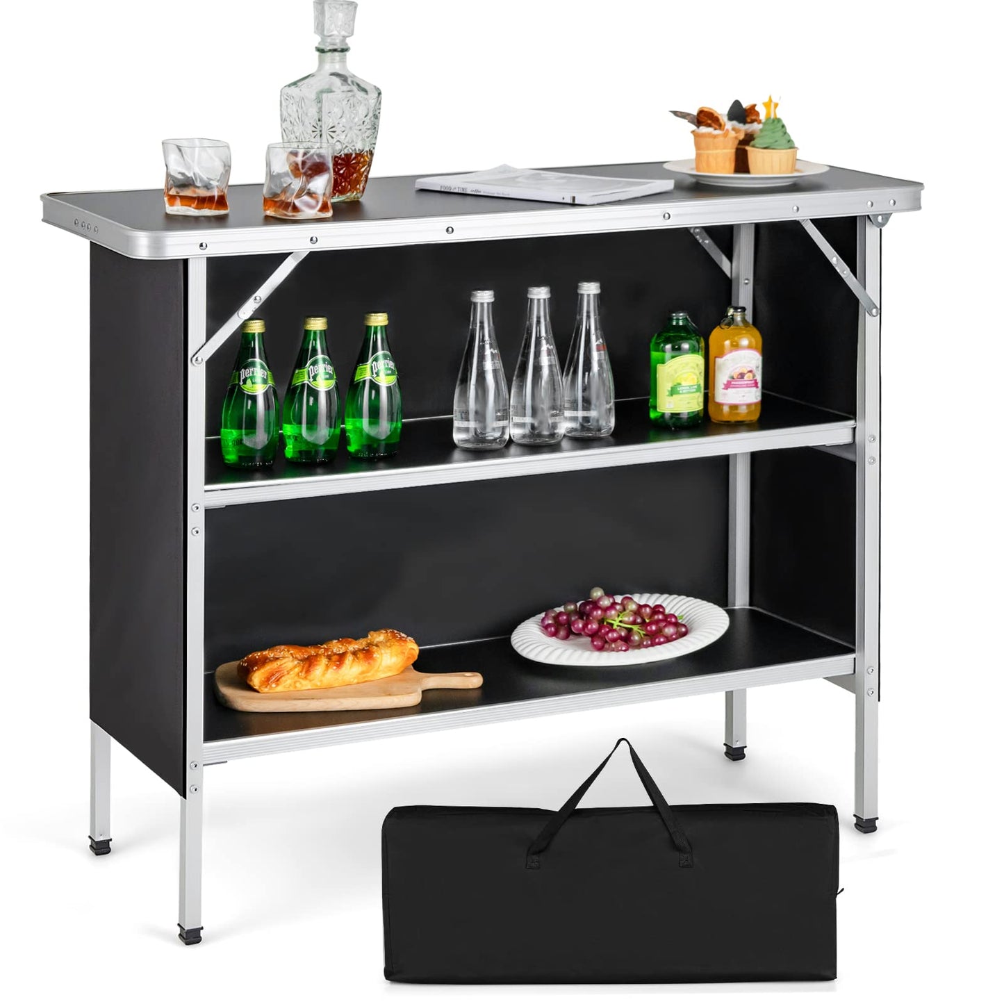 Goplus Folding Camping Table, Aluminum Portable Pop-Up Bar Table with 2-Tier Storage Shelves