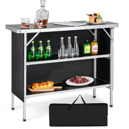 Goplus Folding Camping Table, Aluminum Portable Pop-Up Bar Table with 2-Tier Storage Shelves