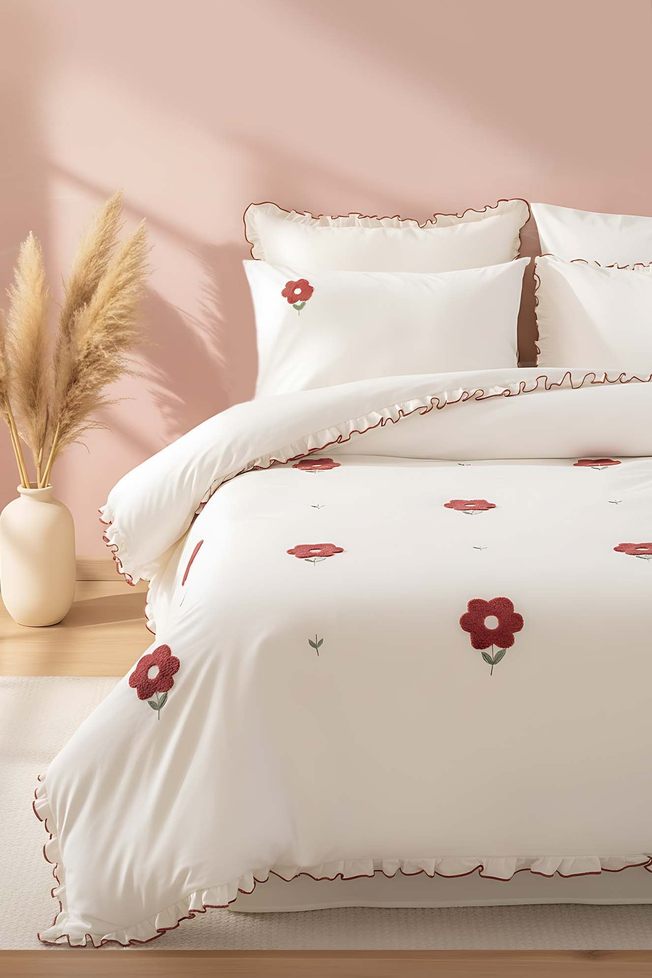 Florita Cherry 100% Cotton Embroidered Duvet Cover Set, 6-Piece Double Size Bedding – Breathable Fabric, 200x220 cm