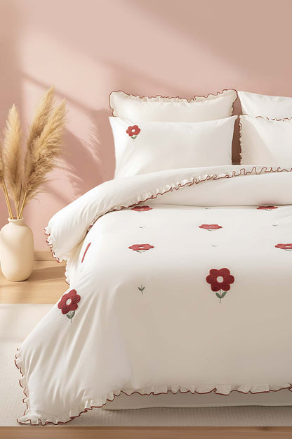 Florita Cherry 100% Cotton Embroidered Duvet Cover Set, 6-Piece Double Size Bedding – Breathable Fabric, 200x220 cm