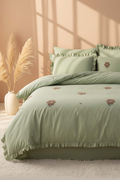 Florita Green 100% Cotton Embroidered Duvet Cover Set, 6-Piece Double Size Bedding – Breathable Fabric, 200x220 cm