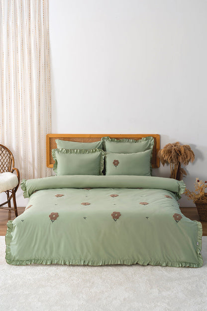 Florita Green 100% Cotton Embroidered Duvet Cover Set, 6-Piece Double Size Bedding – Breathable Fabric, 200x220 cm