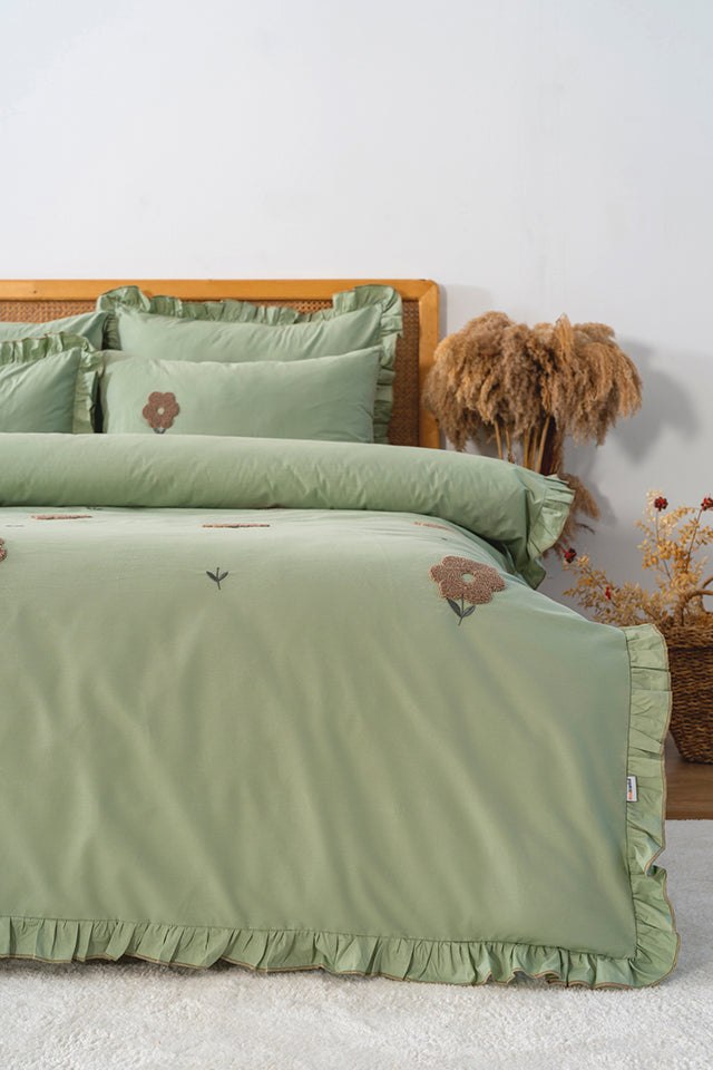 Florita Green 100% Cotton Embroidered Duvet Cover Set, 6-Piece Double Size Bedding – Breathable Fabric, 200x220 cm