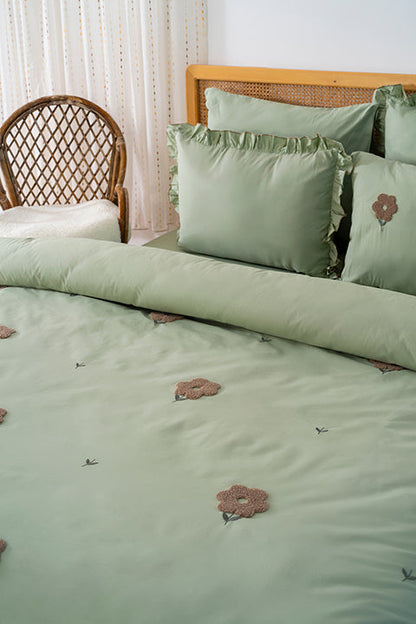 Florita Green 100% Cotton Embroidered Duvet Cover Set, 6-Piece Double Size Bedding – Breathable Fabric, 200x220 cm